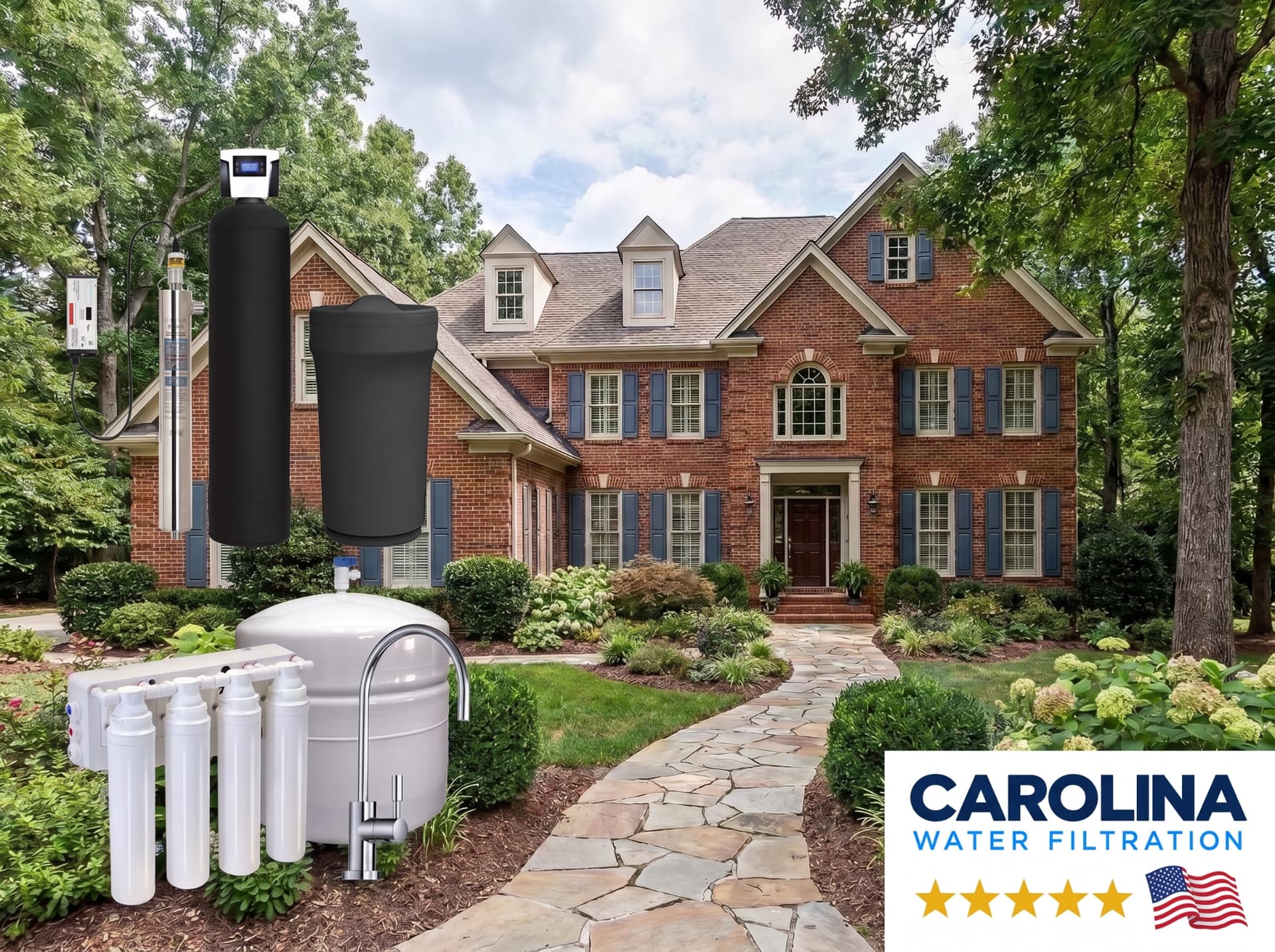 Carolina Water Filtration water treatment systems pictured alongside a brick home